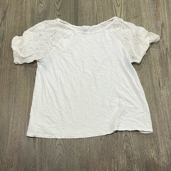 LOFT Outlet Cotton Blouse Short Paisley Lace Sleeve Round Neck White Size M - Picture 1 of 6